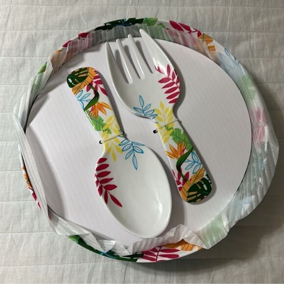 Wegmans Island Tropical Beach 3 pc Bowl Fork Spoon Melamine Serving Set NIP - Picture 3 of 8